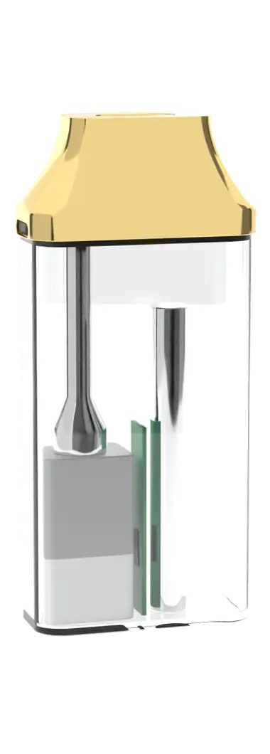 A HaSheesh pen rotating and separating into its gold mouthpiece cap, seal, clear body, ceramic core, tank and battery