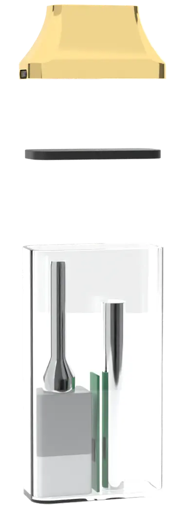 The same pen separated into its gold mouthpiece cap, seal, clear body, ceramic core, tank and battery