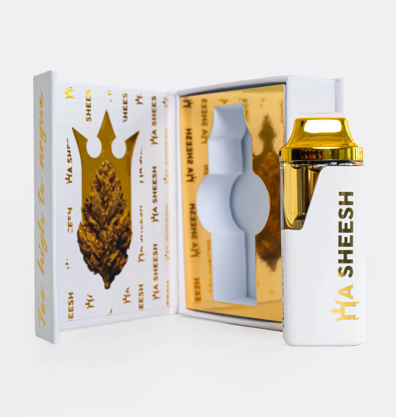 A HaSheesh 2 g THC-A disposable seated in its open gold-lined case