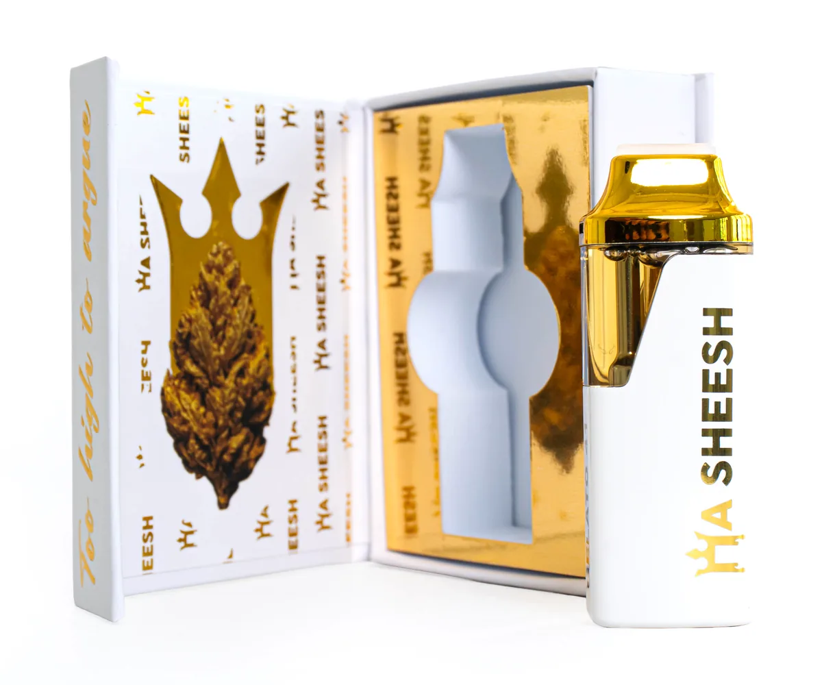 A HaSheesh pen resting in its opened gold-lined pack