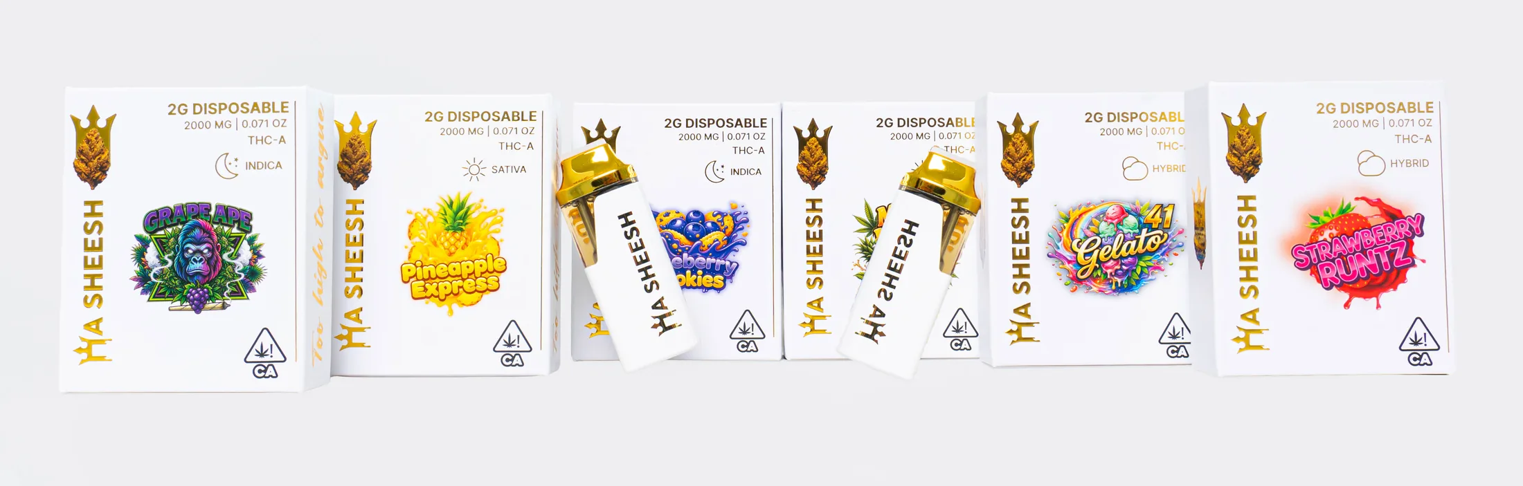 All six HaSheesh packs standing in a row with their pens: Grape Ape, Pineapple Express, Blueberry Cookies, Gelato 41, Maui Waui and Strawberry Runtz